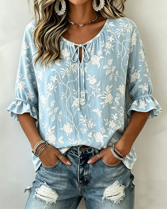 Bluse Bindebånd Ruffle Tryk