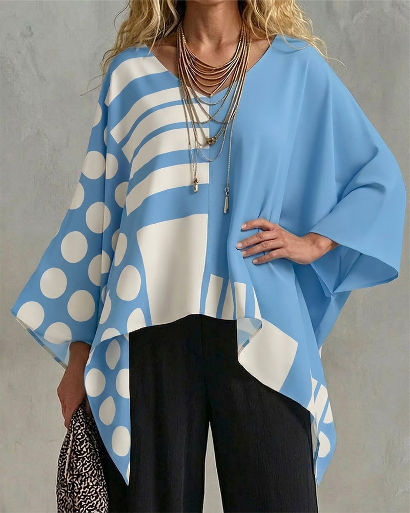 Bluse Polka Dot Stribe Patchwork V Halsudskæring