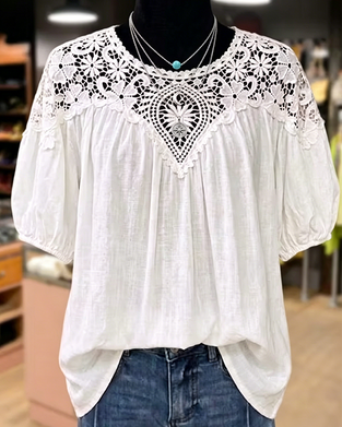 Bluse Puf Kort Ærme Blonde Patchwork V-Hals