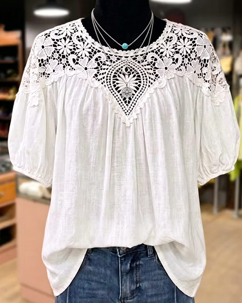 Bluse Puf Kort Ærme Blonde Patchwork V-Hals