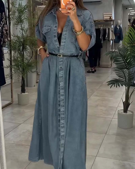 Kjole Skjorte Krave Lomme Knap Denim