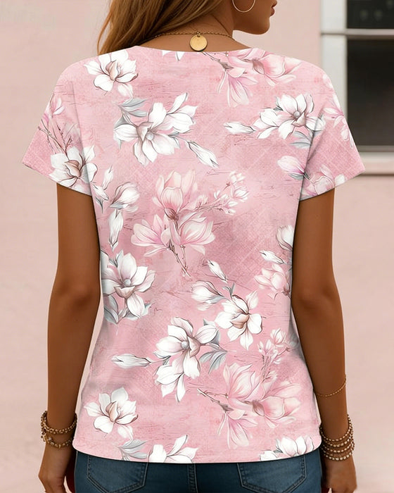 Top Kortærmet Rund Hals Blomsterprint
