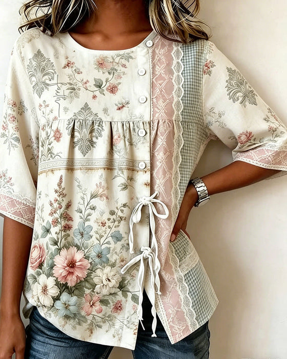 Bluse Retro Blomstermønster Afslappet
