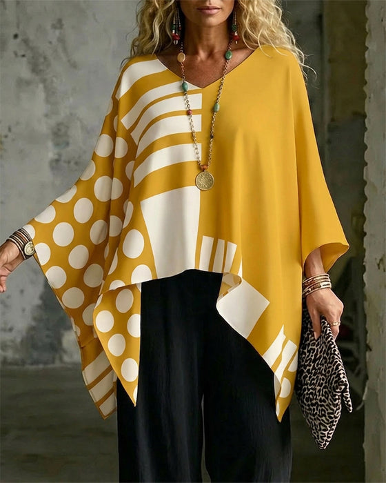 Bluse Polka Dot Stribe Patchwork V Halsudskæring