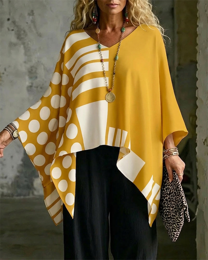 Bluse Polka Dot Stribe Patchwork V Halsudskæring
