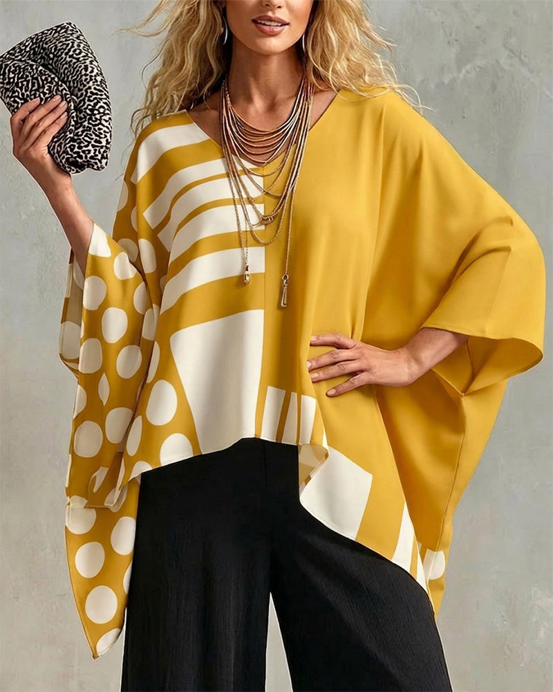 Bluse Polka Dot Stribe Patchwork V Halsudskæring