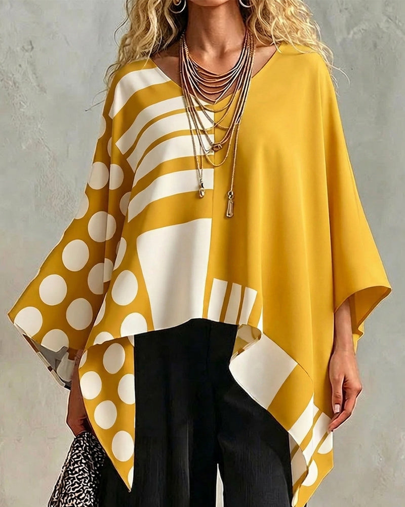 Bluse Polka Dot Stribe Patchwork V Halsudskæring