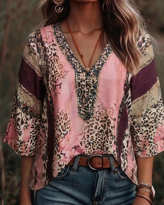 Bluse V-Hals Leopard Farveblok