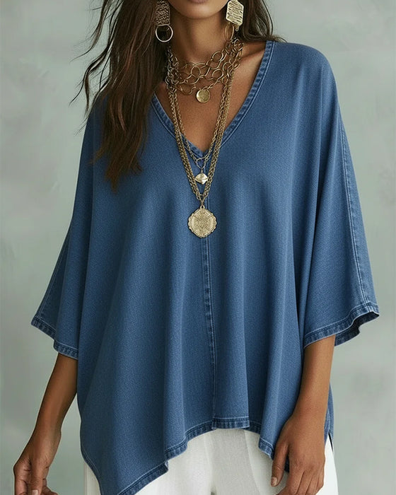 Bluse I Løs Denim Med Asymmetrisk V-Hals