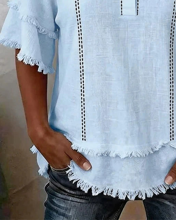 Bluse V-Hals Ruffle Lag Halvknapning Knap