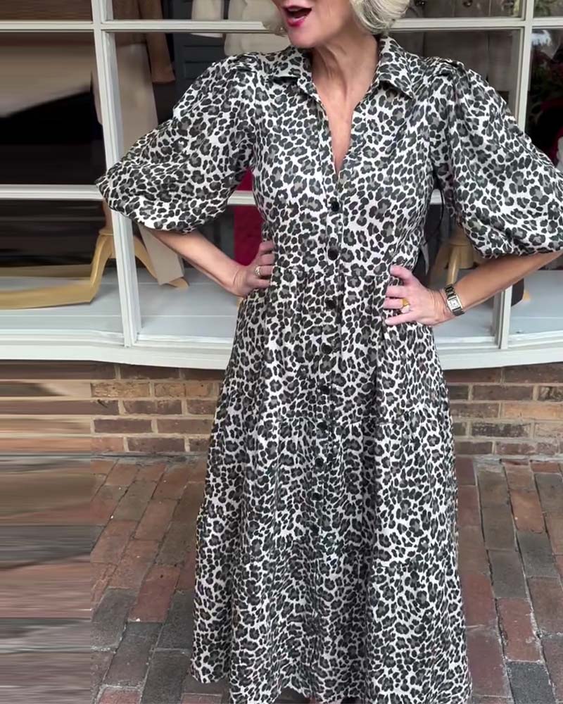 Kjole Kortærmet Leopardtryk A-Linje