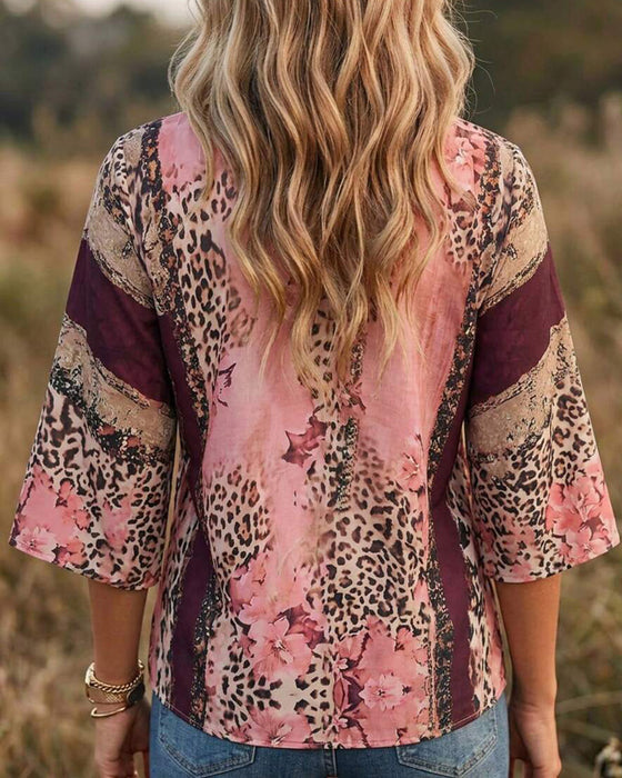 Bluse V-Hals Leopard Farveblok