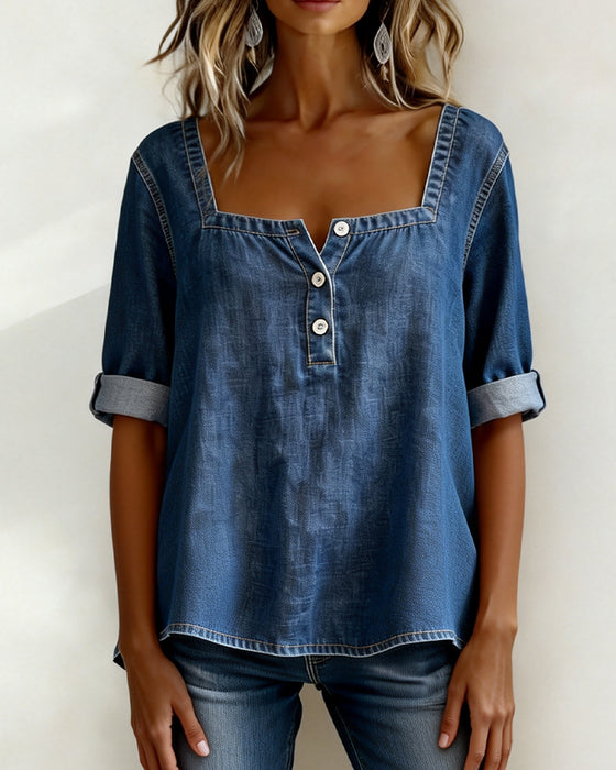 Skjorte Firkantet Hals Denim Halv Ærme