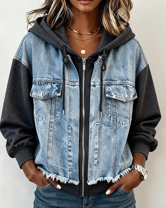 Frakke Denim Patchwork Med Hætte Sweatshirt