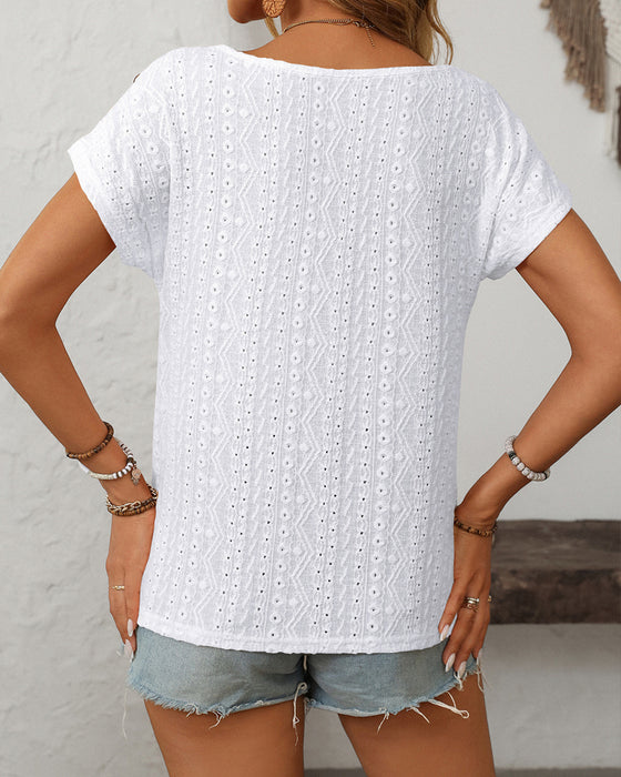 Bluse Rund Hals Knapper Udsnit Kort Ærme