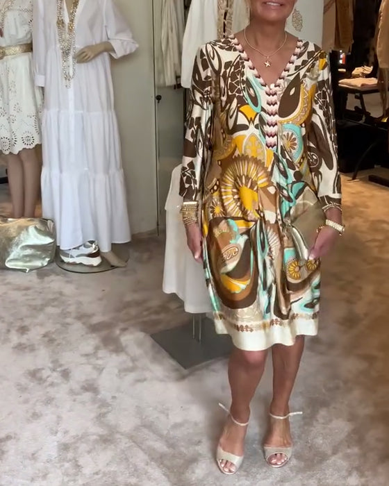 V-halset afslappet kjole med retroprint