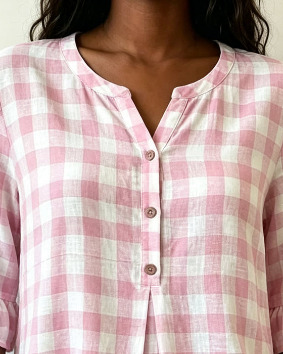 Bluse V-Hals Knap Foran Rutet Ruffle