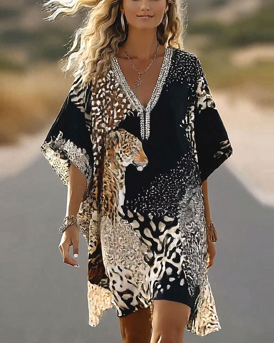 Kjole V-Hals Leopard Farveblok
