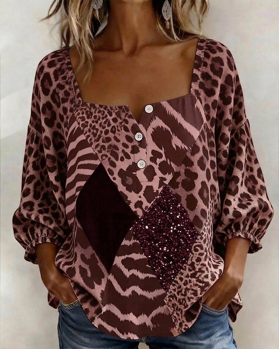 Bluse Firkantet Hals Leopardprint Patchwork Paljet