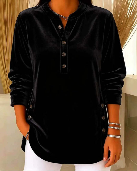 Bluse Afslappet Lang Ærme Henley