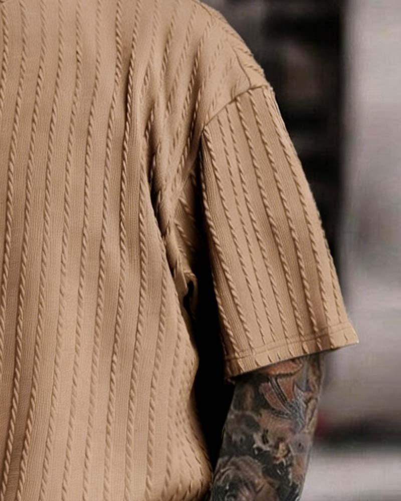 Herres Striberet T-Shirt Og Shorts Toedelt Set