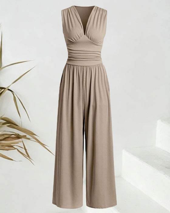 Jumpsuit Ensfarvet Ribbet Ærmeløs