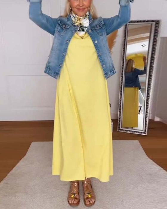 Kjole Casual Rund Hals Ensfarvet Lige