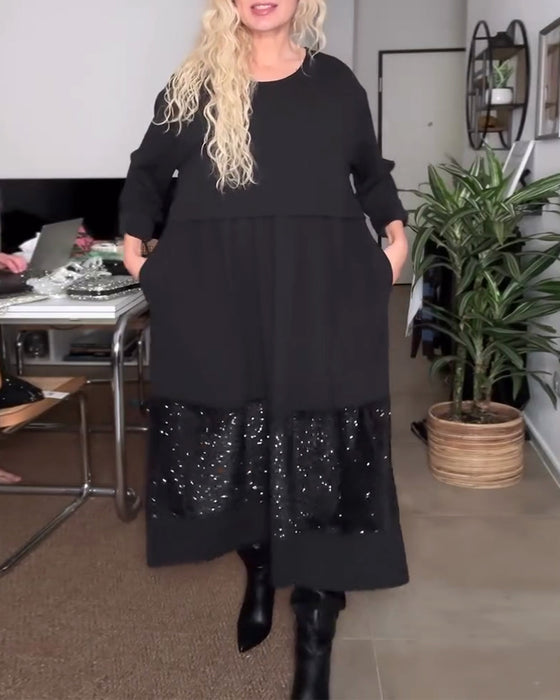 Kjole Rund Hals Pailletten Patchwork Løs