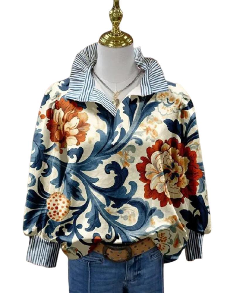 Vintage Blomstret Patchwork Stribe Krave Bluse