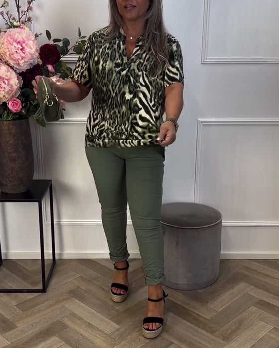 Bluse Mode Leopardprint Korte Ærmer