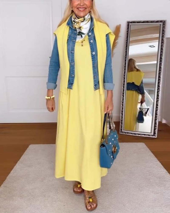 Kjole Casual Rund Hals Ensfarvet Lige