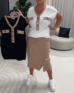 T-Shirt V-Hals Moden Ribbet Knap