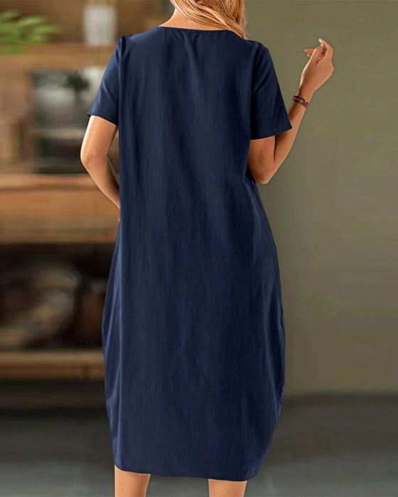 Kjole Knappet Kortærmet Lomme Shift