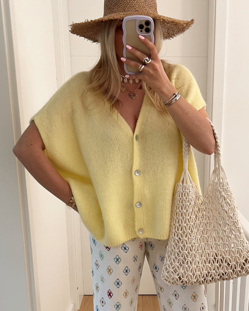 Cardigan Ærmeløs V-Udskæring Knapforkant Trøje