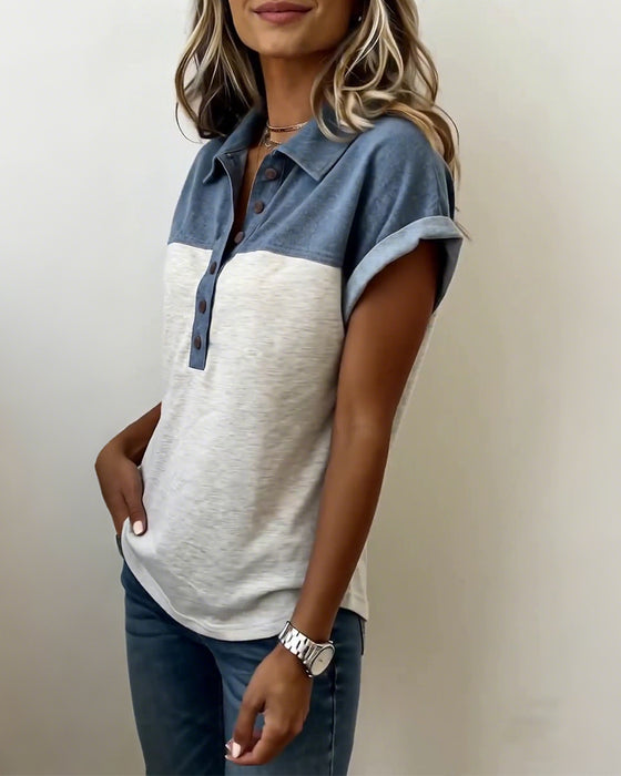 T-Shirt Knappet Patchwork Nedadvendt Krave