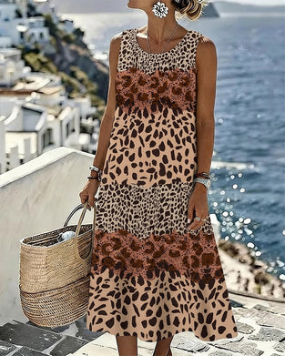 Kjole Farveblok Leopard Tryk Ærmeløs Midi