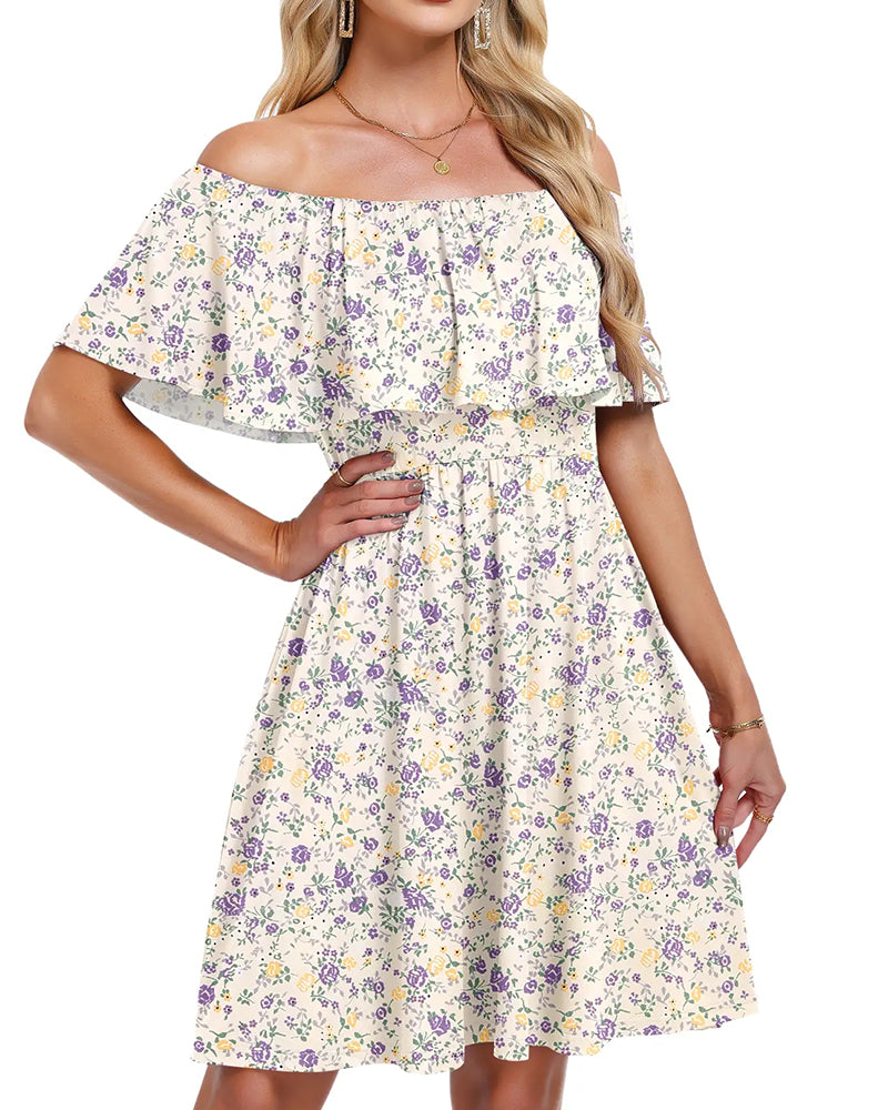 Kjole Blomstret Off-Skulder Midi