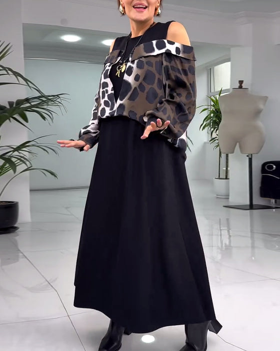 Afslappet kjole med leopardprint og bare skuldre