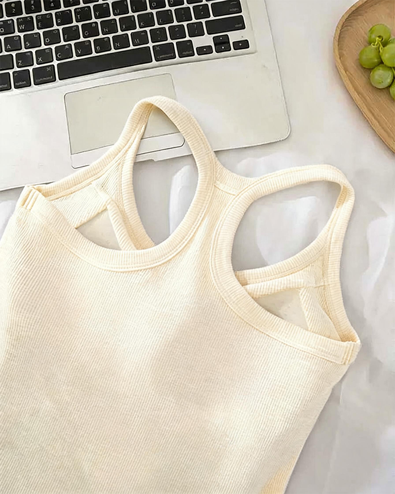 Tanktop Indbygget Bh Ribstrikket Ensfarvet