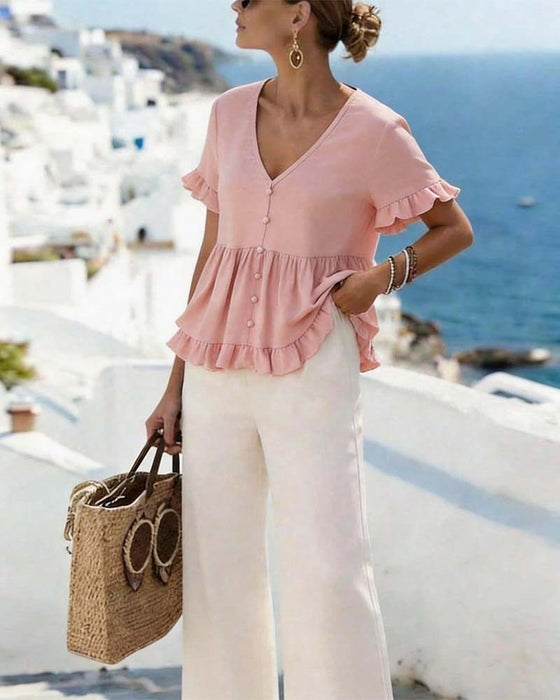 Bluse V-Hals Ruffle Perle Knap