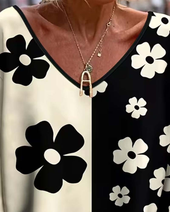 T-Shirt V-Hals Blomstret Farveblok Løs