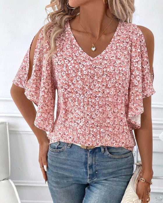 Bluse V-Hals Blomstrende Off-Shoulder Flutter Ærme