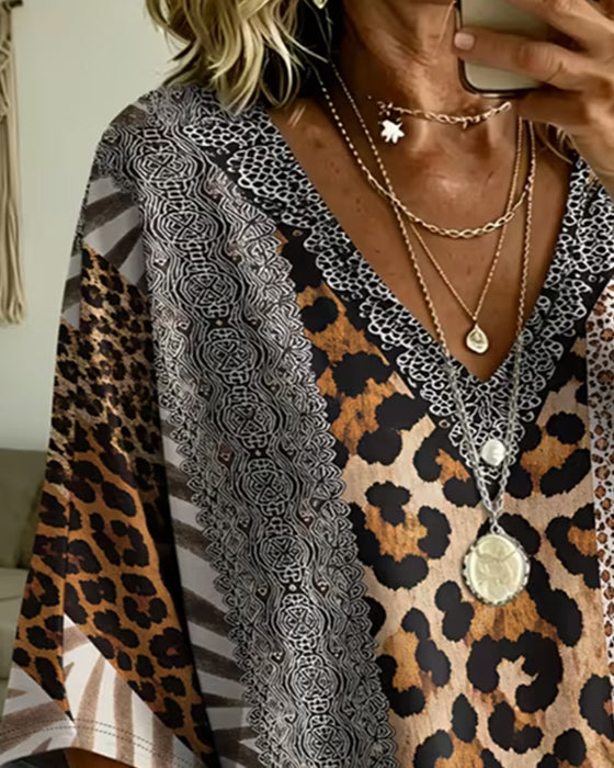 Top Leopardmønster Patchwork V-Hals Afslappet