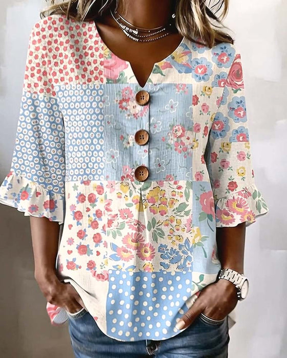 Bluse Kortærmet Blomstermønster Patchwork