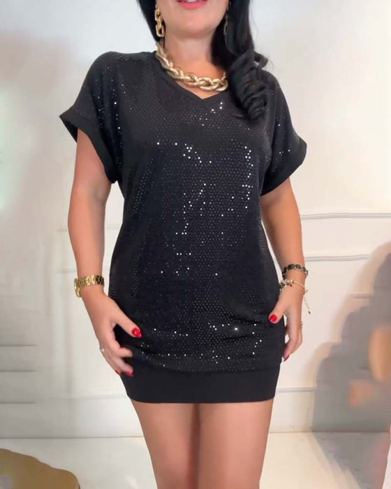 Bluse V-hals Pailletter Elegant