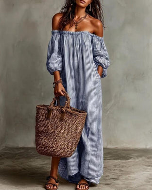 Kjole Løs Off-Shoulder Stribet