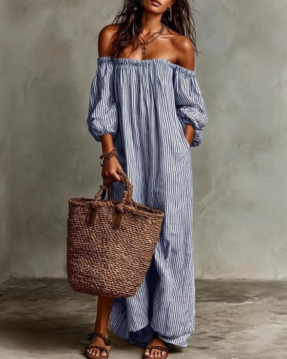 Kjole Løs Off-Shoulder Stribet