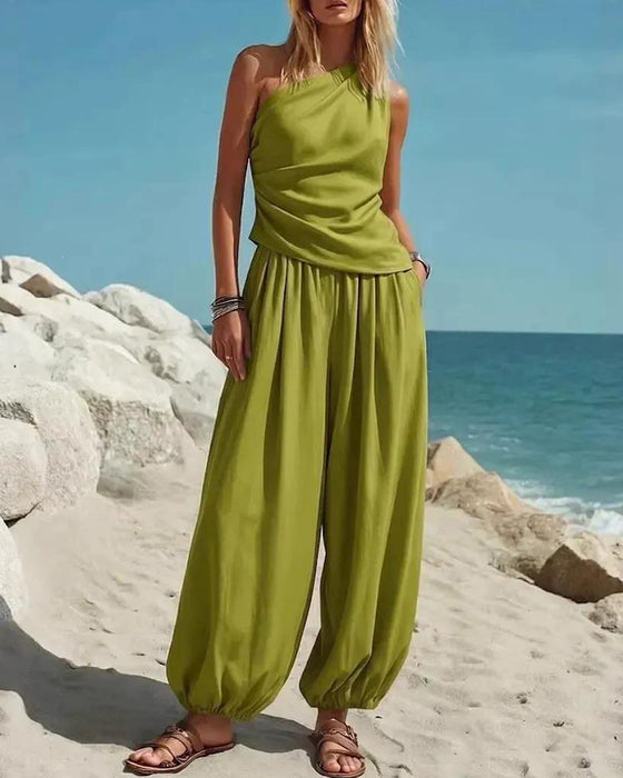 Set Enskulder Tank Top Høj Talje Bukser