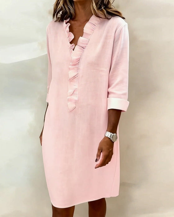 Kjole Rynket V-Hals Ensfarvet