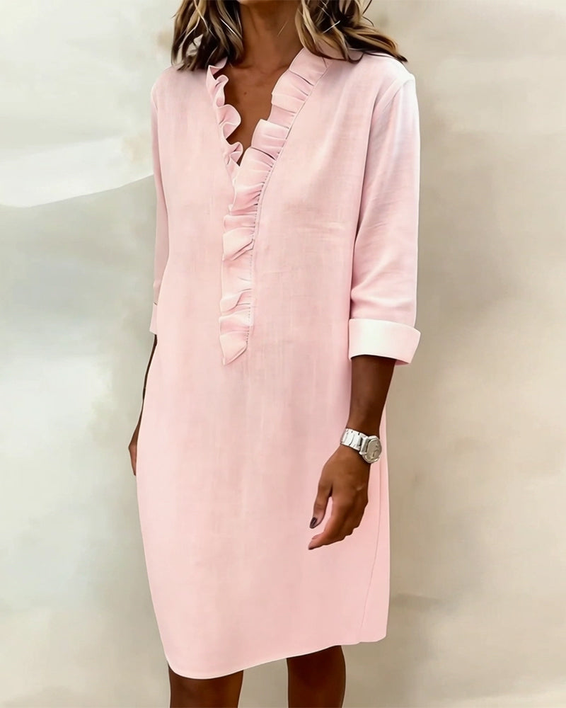 Kjole Rynket V-Hals Ensfarvet